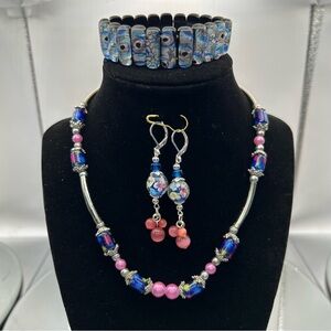 Art Glass Necklace, Beaded Earrings & Panel Bracelet Jewelry Set